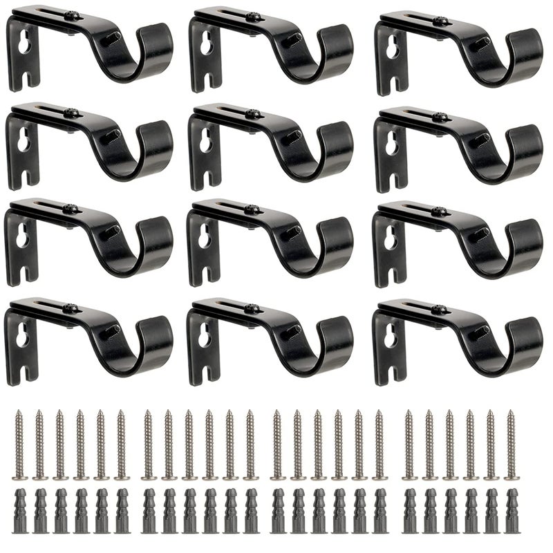 LISHINE 12 Pcs Curtain Rod Bracket for 1 Inch Rod, Adjustable Curtain Rod Brackets Black Curtain Rod Holders Heavy Duty Curtain Rod Hardware Brackets Single Rod Bracket for Wall Mount - Image 1